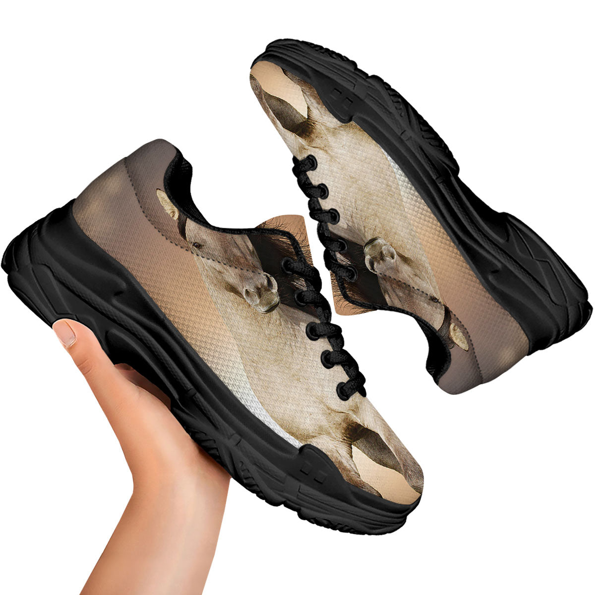 Wild Stallion Horse Running Print Black Chunky Shoes-grizzshop