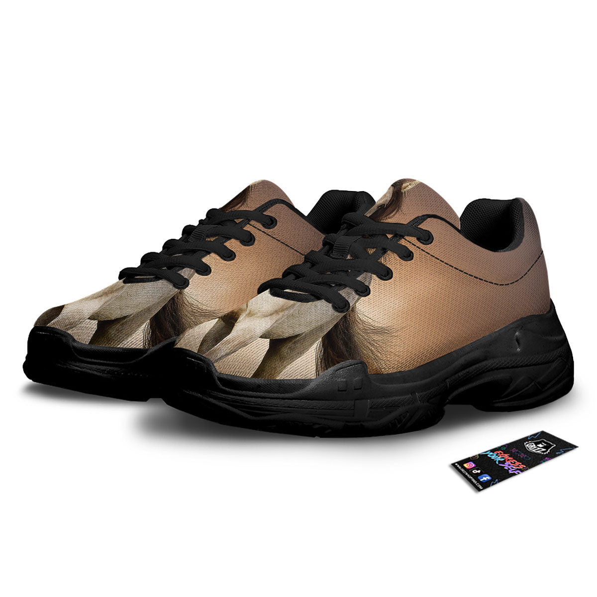 Wild Stallion Horse Running Print Black Chunky Shoes