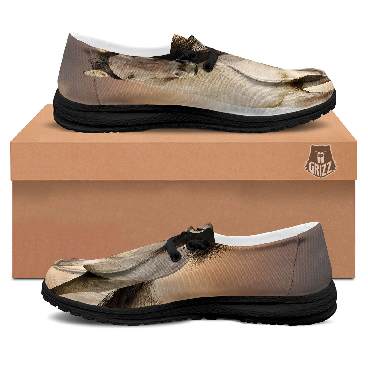 Wild Stallion Horse Running Print Black Loafers-grizzshop