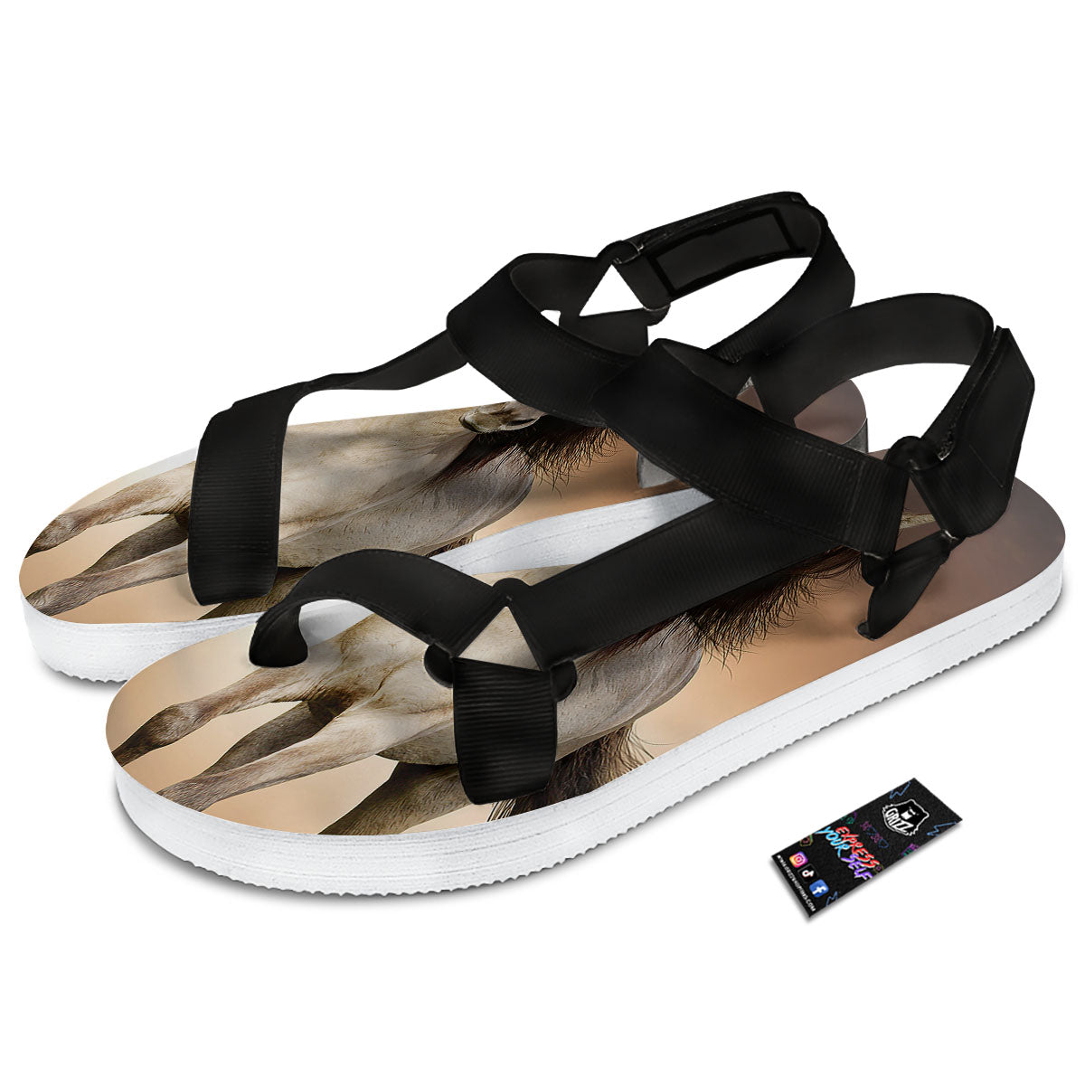 Wild Stallion Horse Running Print Black Open Toe Sandals-grizzshop