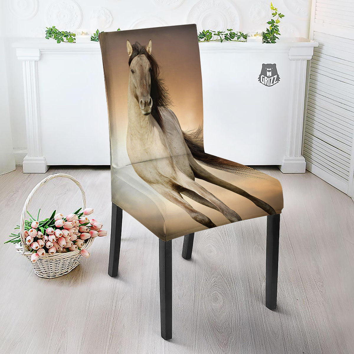Wild Stallion Horse Running Print Dining Chair Slipcover-grizzshop