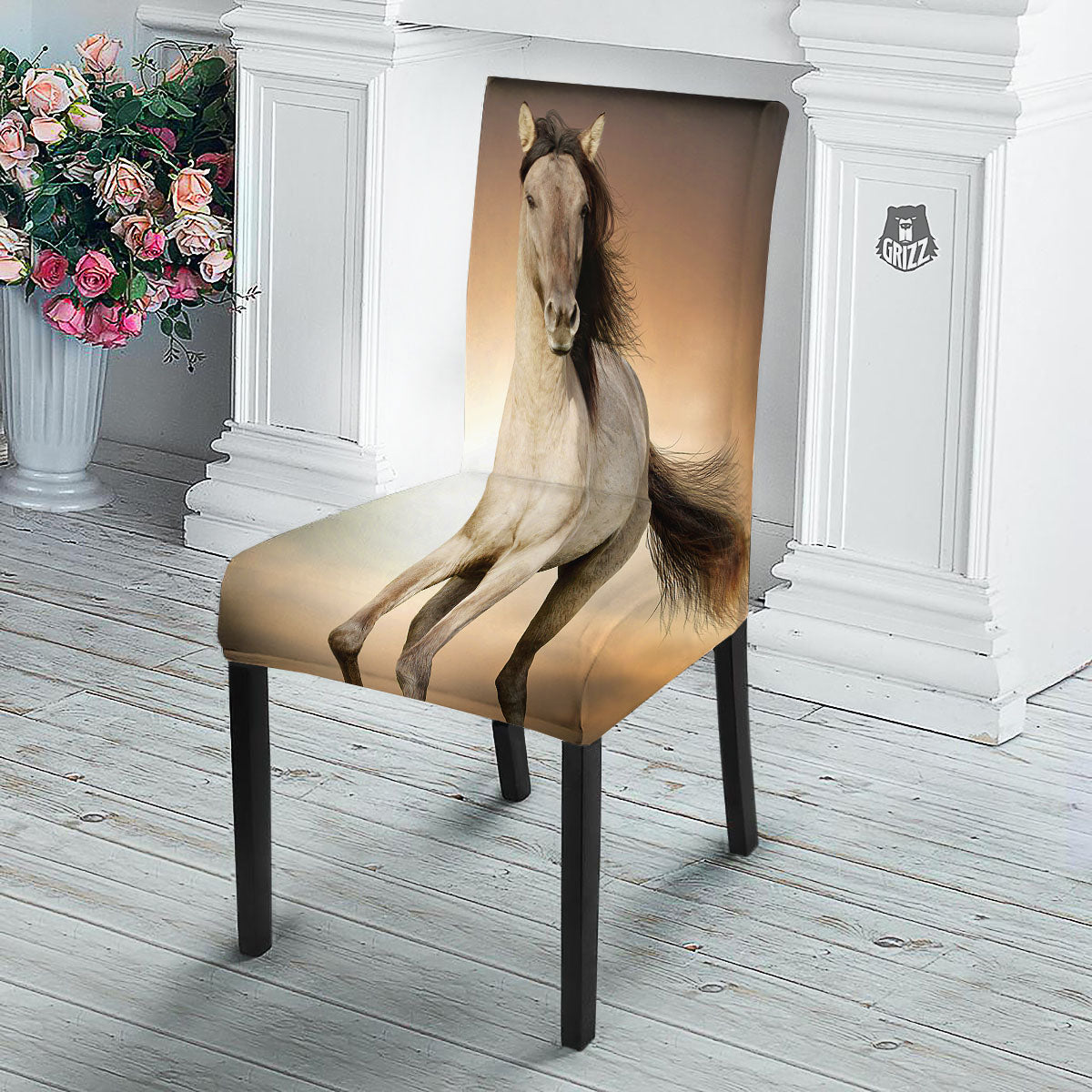Wild Stallion Horse Running Print Dining Chair Slipcover-grizzshop