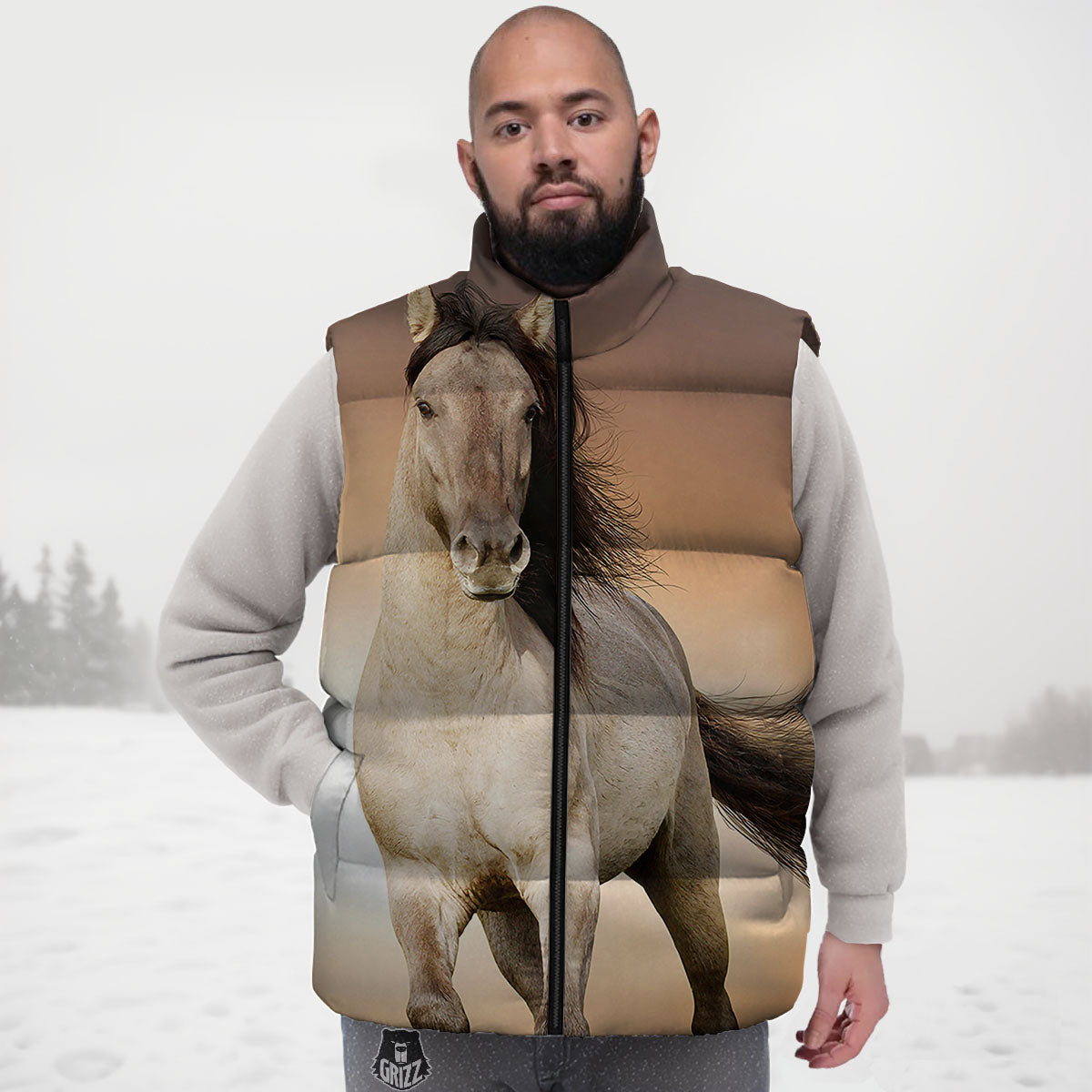 Wild Stallion Horse Running Print Down Vest
