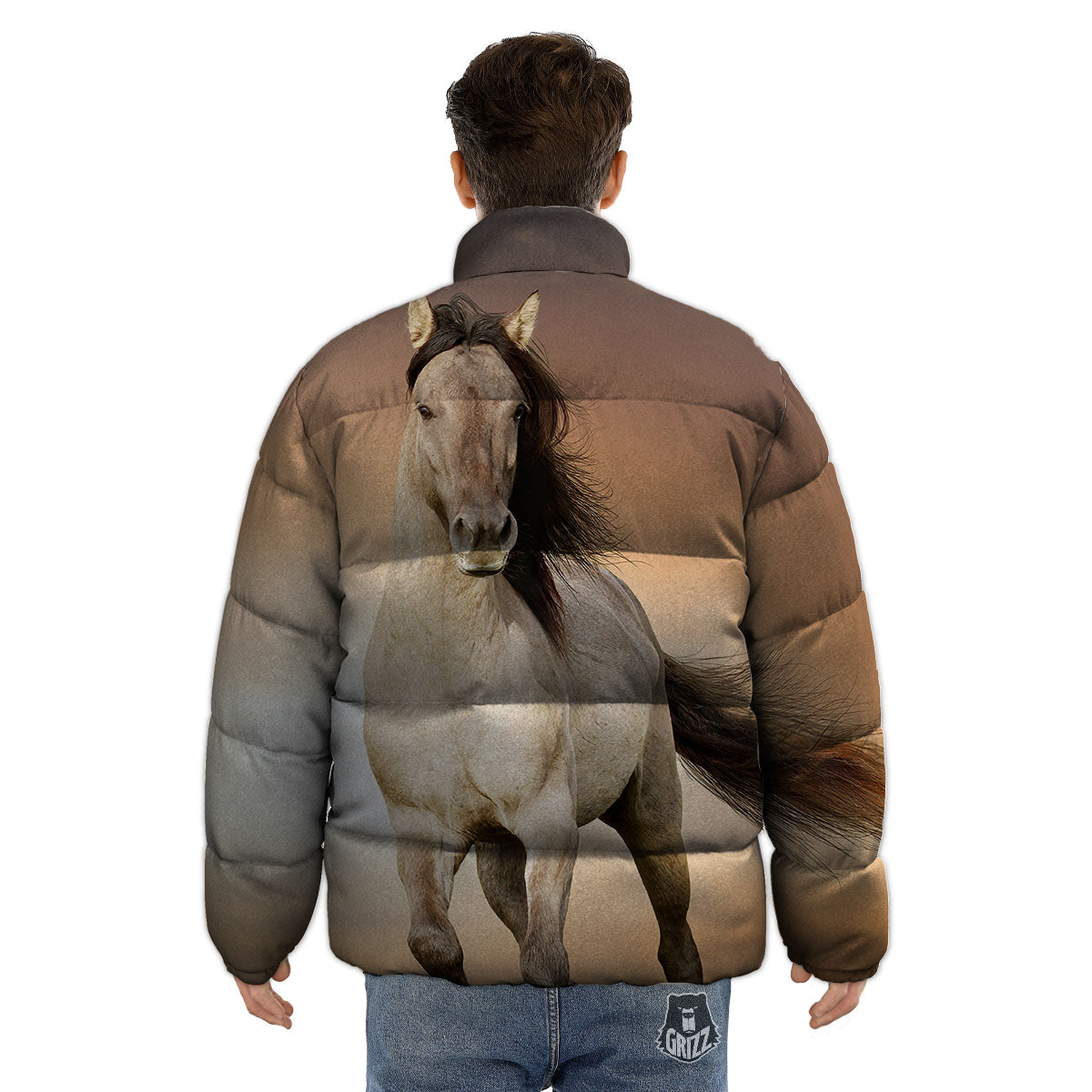 Wild Stallion Horse Running Print Puffer Jacket-grizzshop