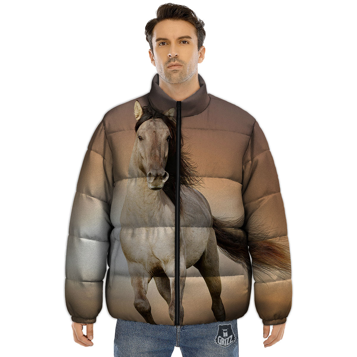 Wild Stallion Horse Running Print Puffer Jacket-grizzshop