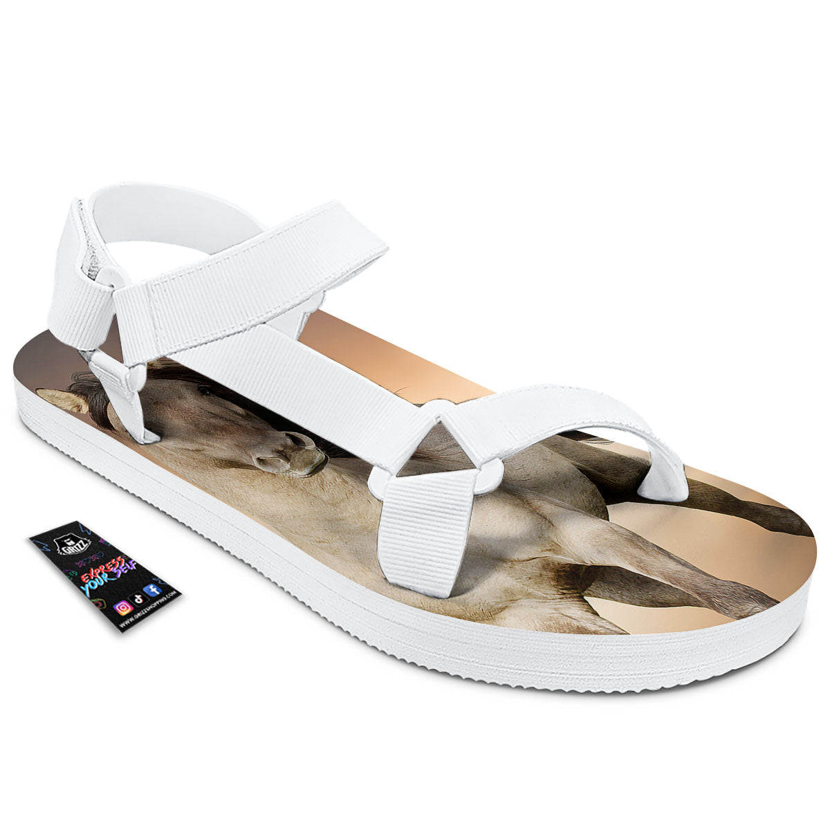 Wild Stallion Horse Running Print White Open Toe Sandals-grizzshop