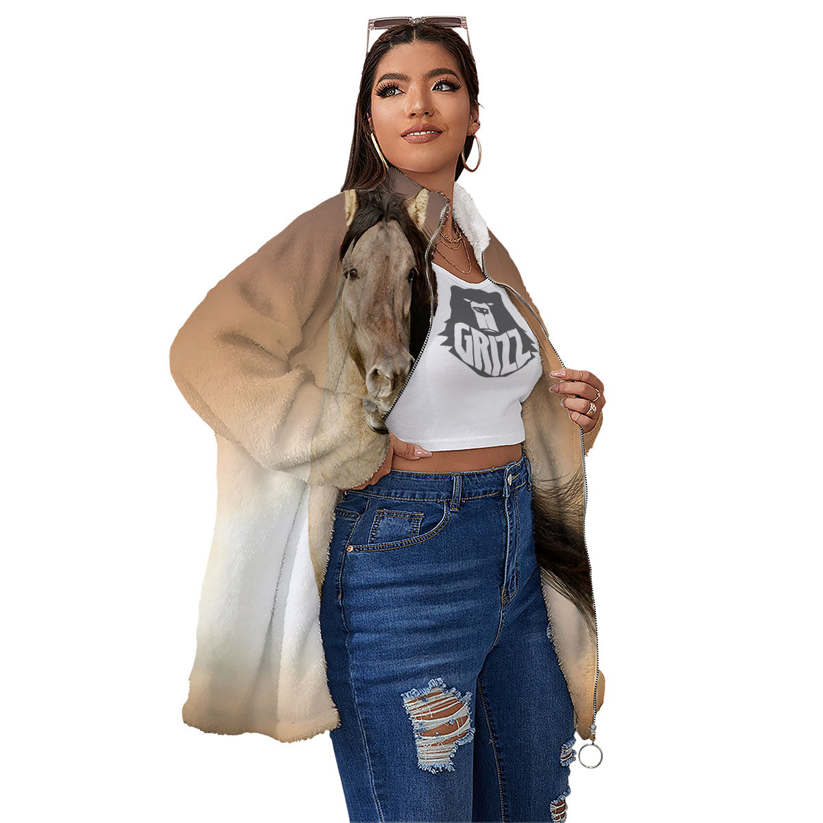 Wild Stallion Horse Running Print Women's Sherpa Jacket-grizzshop