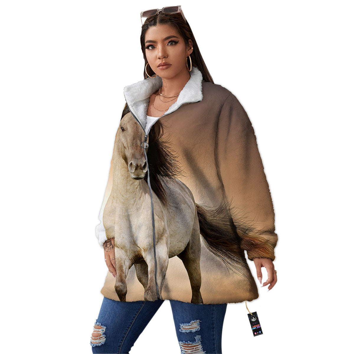 Wild Stallion Horse Running Print Women's Sherpa Jacket-grizzshop