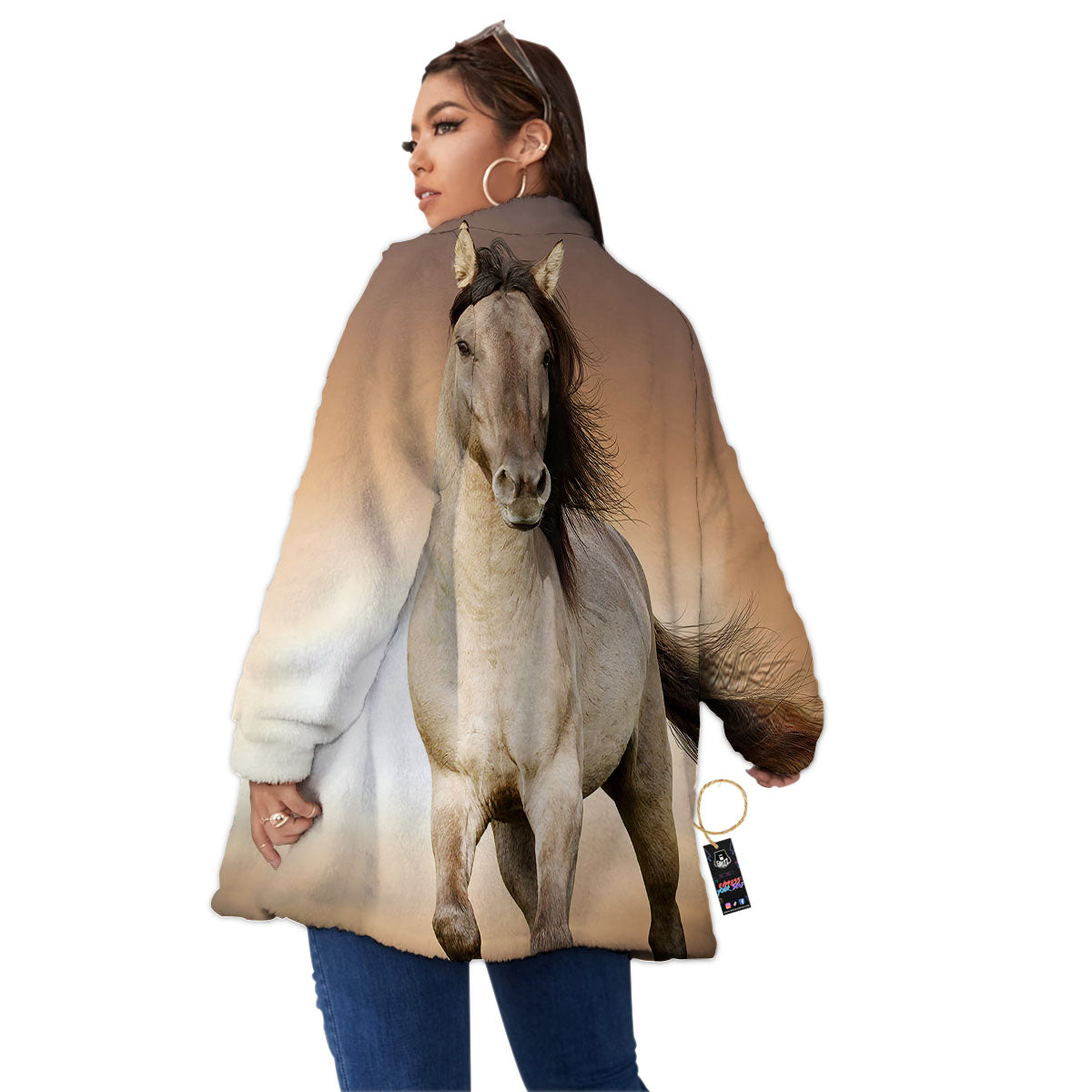 Wild Stallion Horse Running Print Women's Sherpa Jacket-grizzshop
