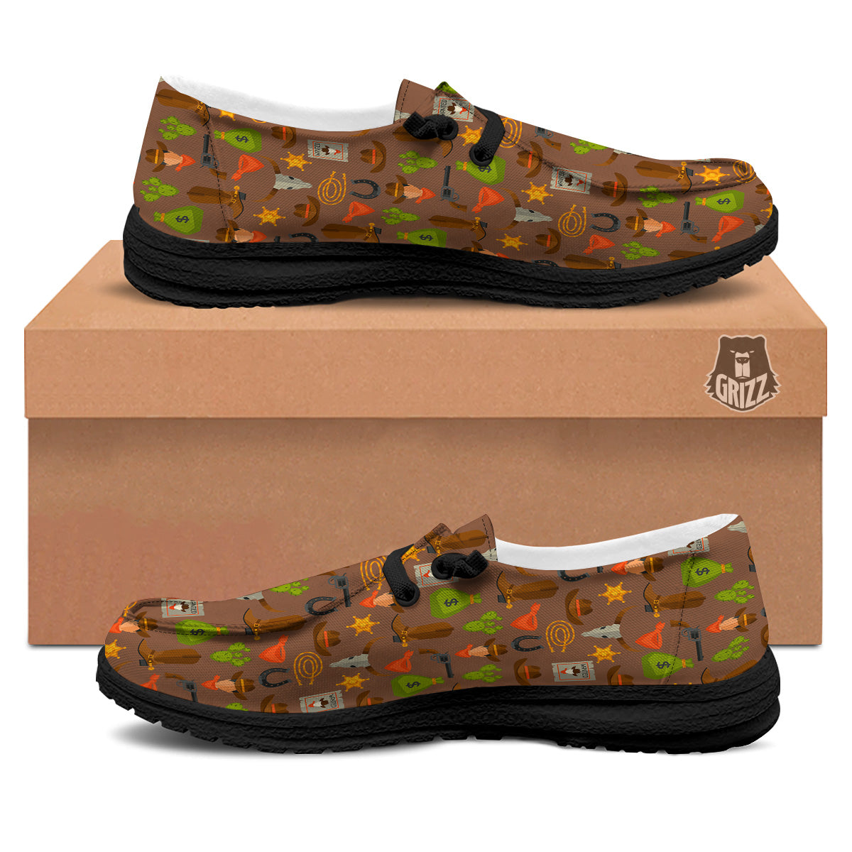 Wild West And Emoji Cowboy Style Print Pattern Black Loafers-grizzshop