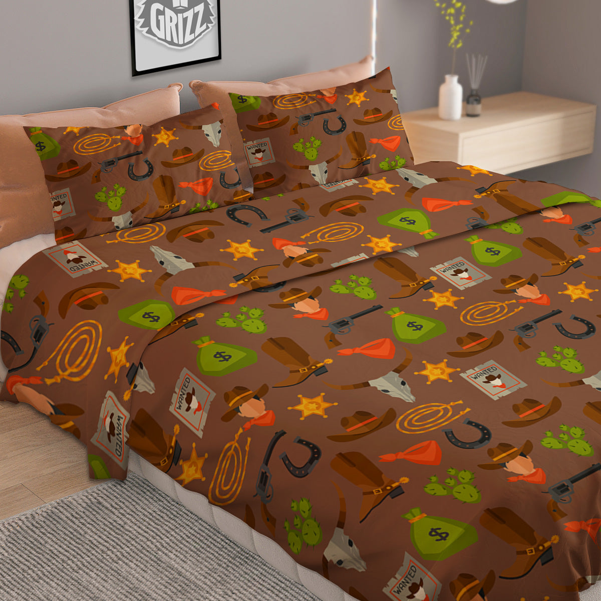Wild West And Emoji Cowboy Style Print Pattern Duvet Cover Bedding Set