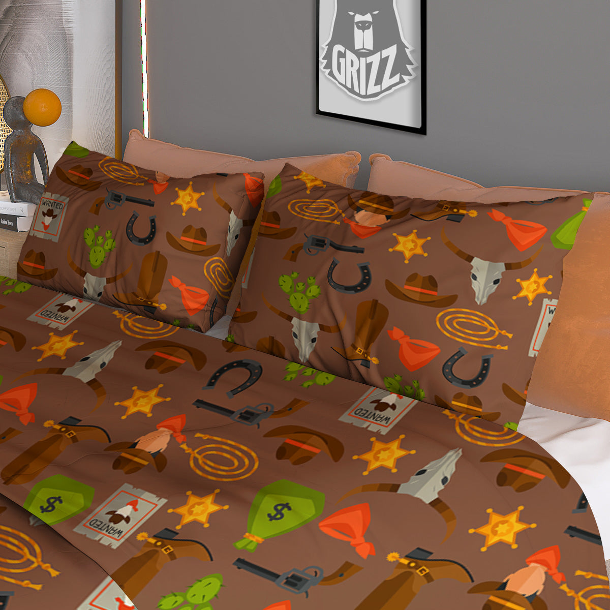 Wild West And Emoji Cowboy Style Print Pattern Duvet Cover Bedding Set
