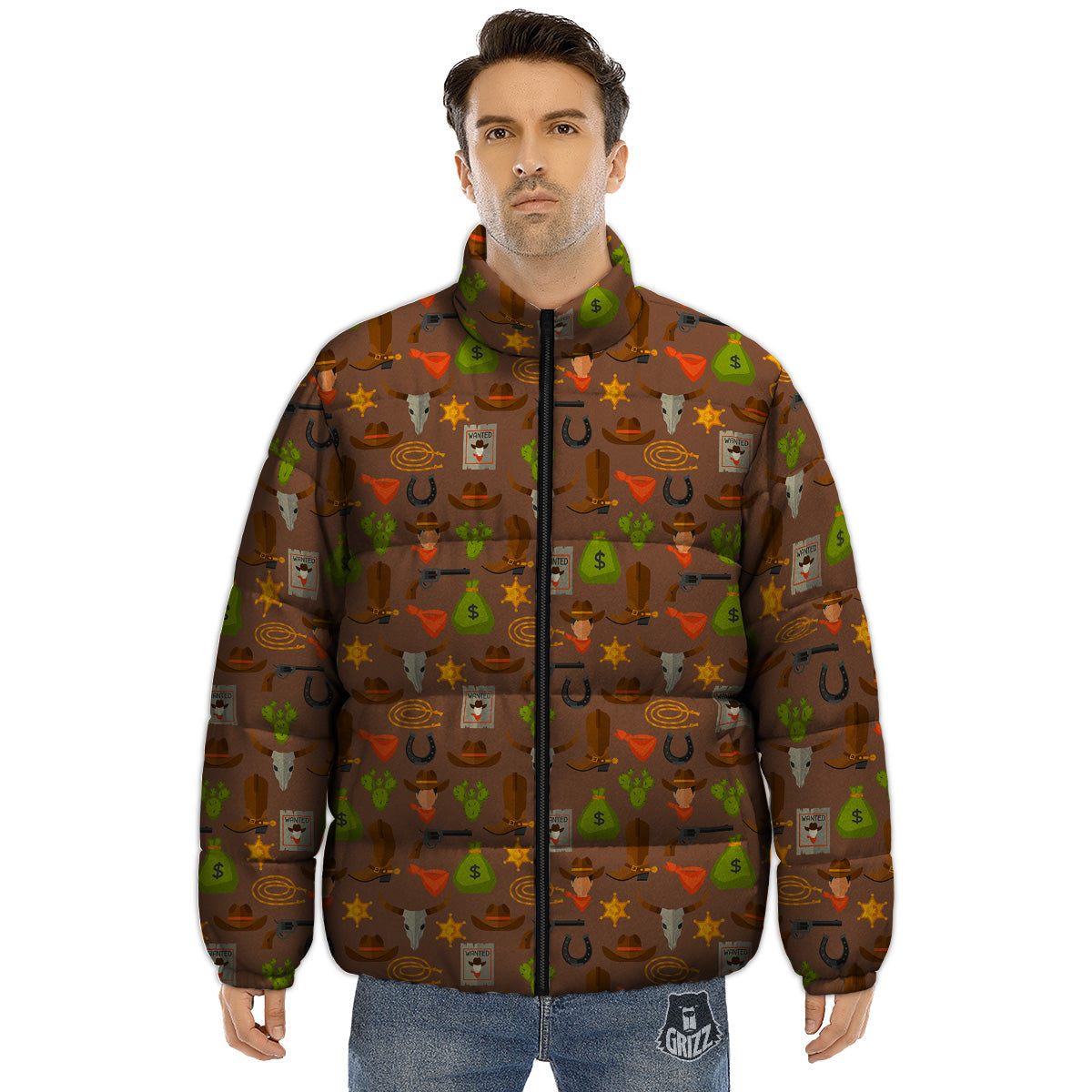 Wild West And Emoji Cowboy Style Print Pattern Puffer Jacket-grizzshop