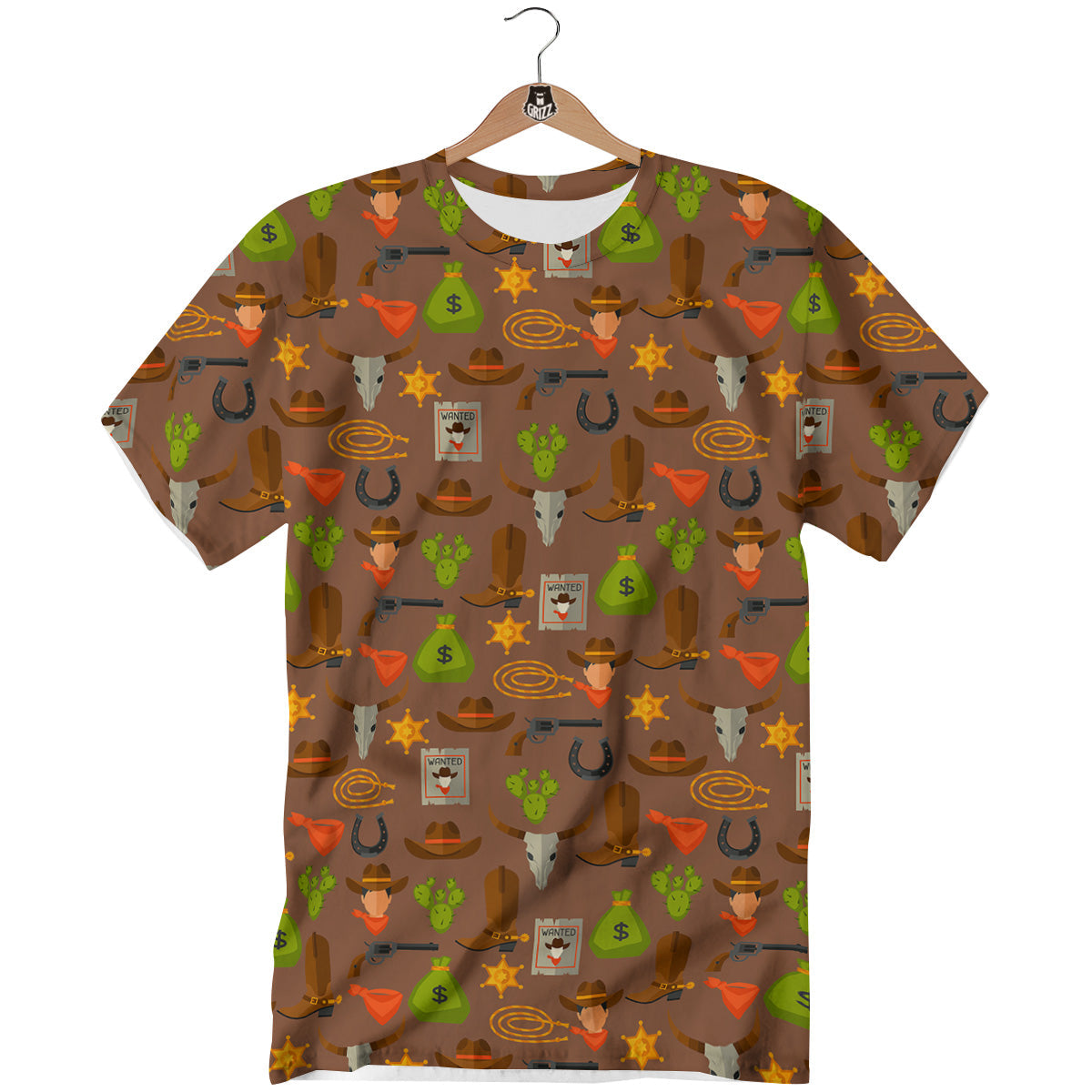 Wild West And Emoji Cowboy Style Print Pattern T-Shirt-grizzshop