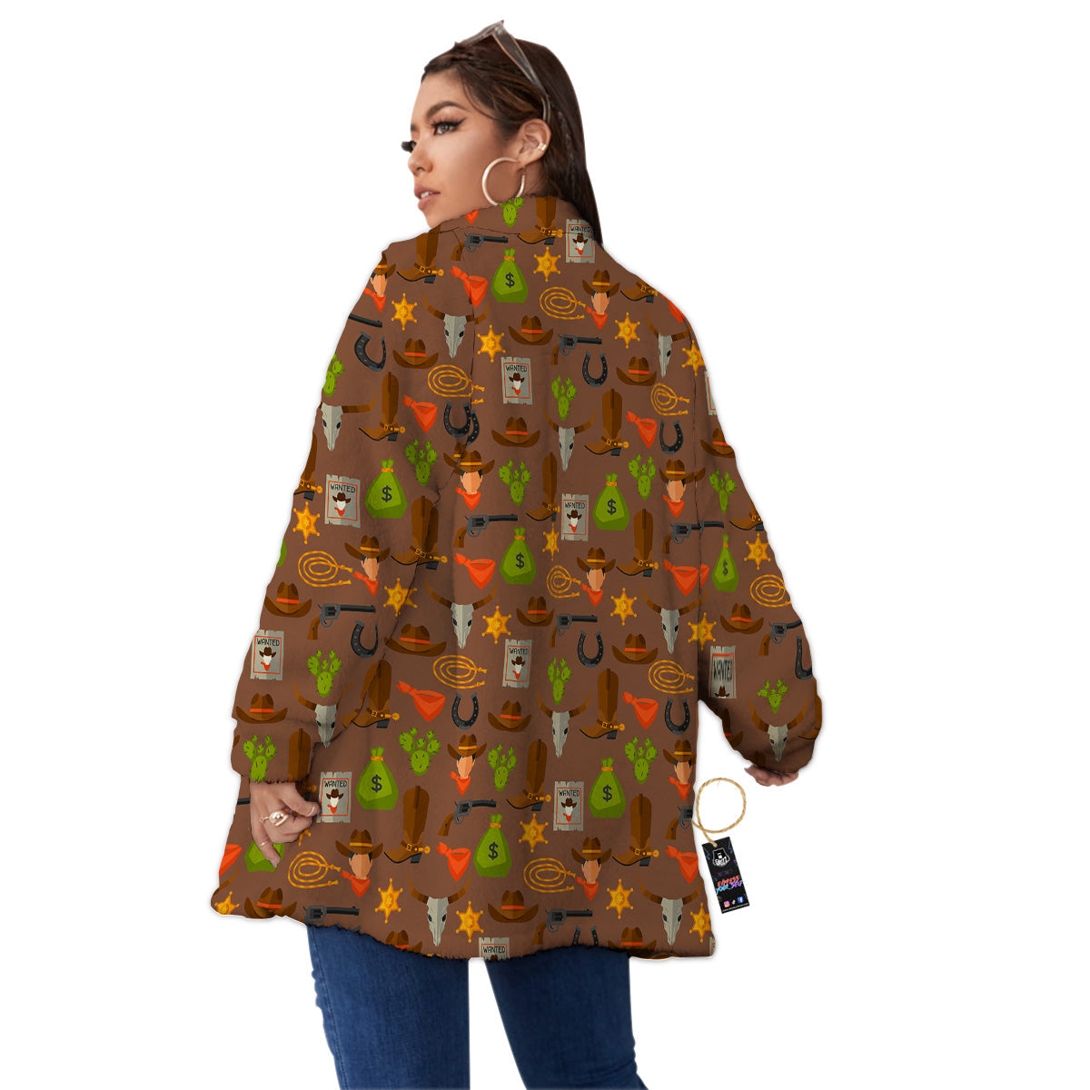 Wild West And Emoji Cowboy Style Print Pattern Women's Sherpa Jacket-grizzshop