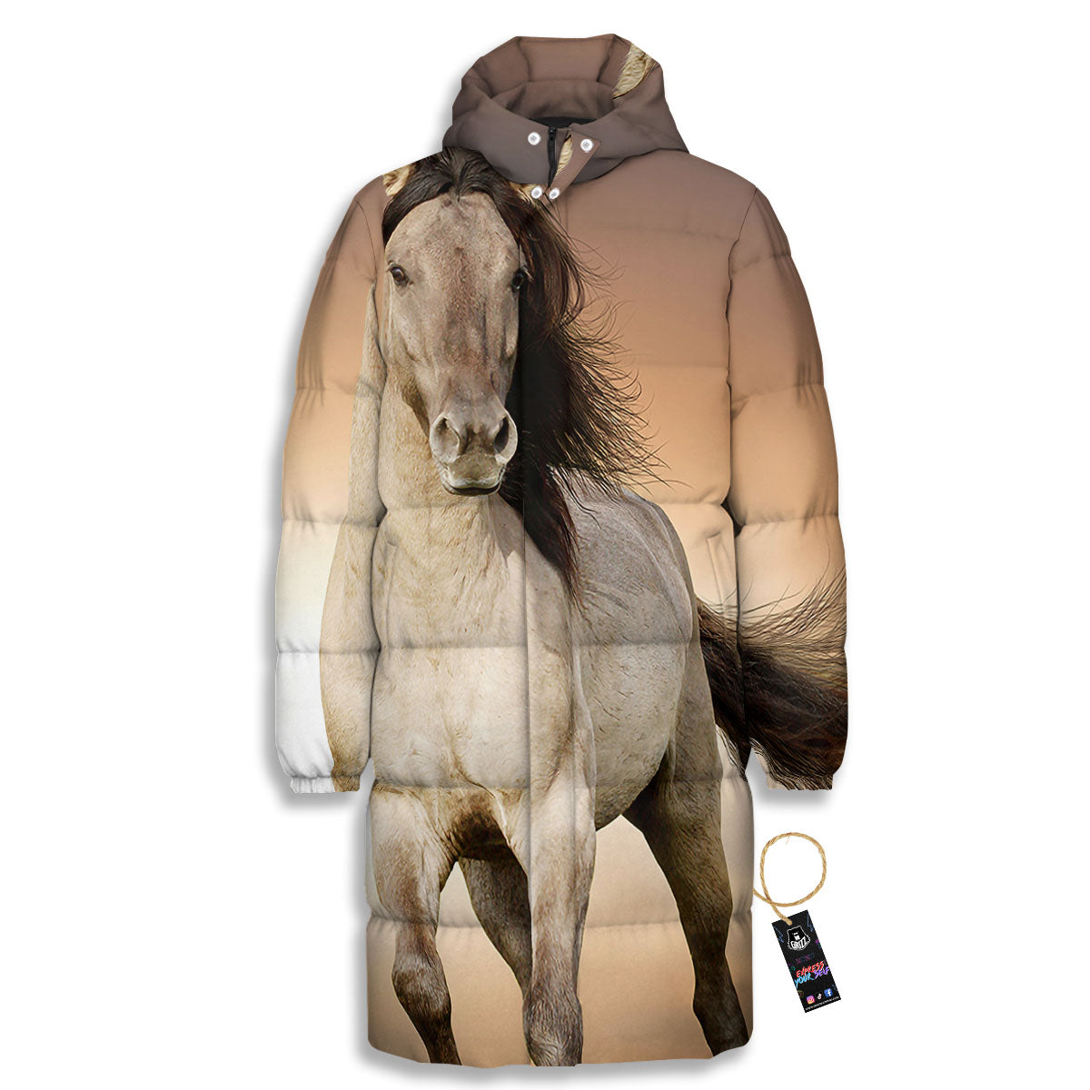 Wild Stallion Horse Running Print Long Down Jacket