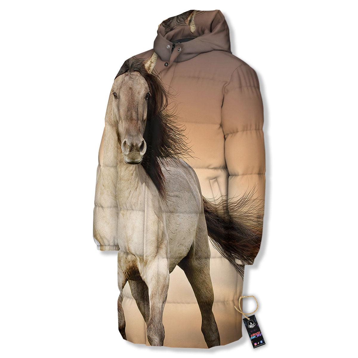 Wild Stallion Horse Running Print Long Down Jacket