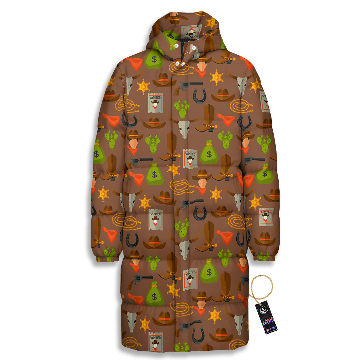 Wild West And Emoji Cowboy Style Print Pattern Long Down Jacket