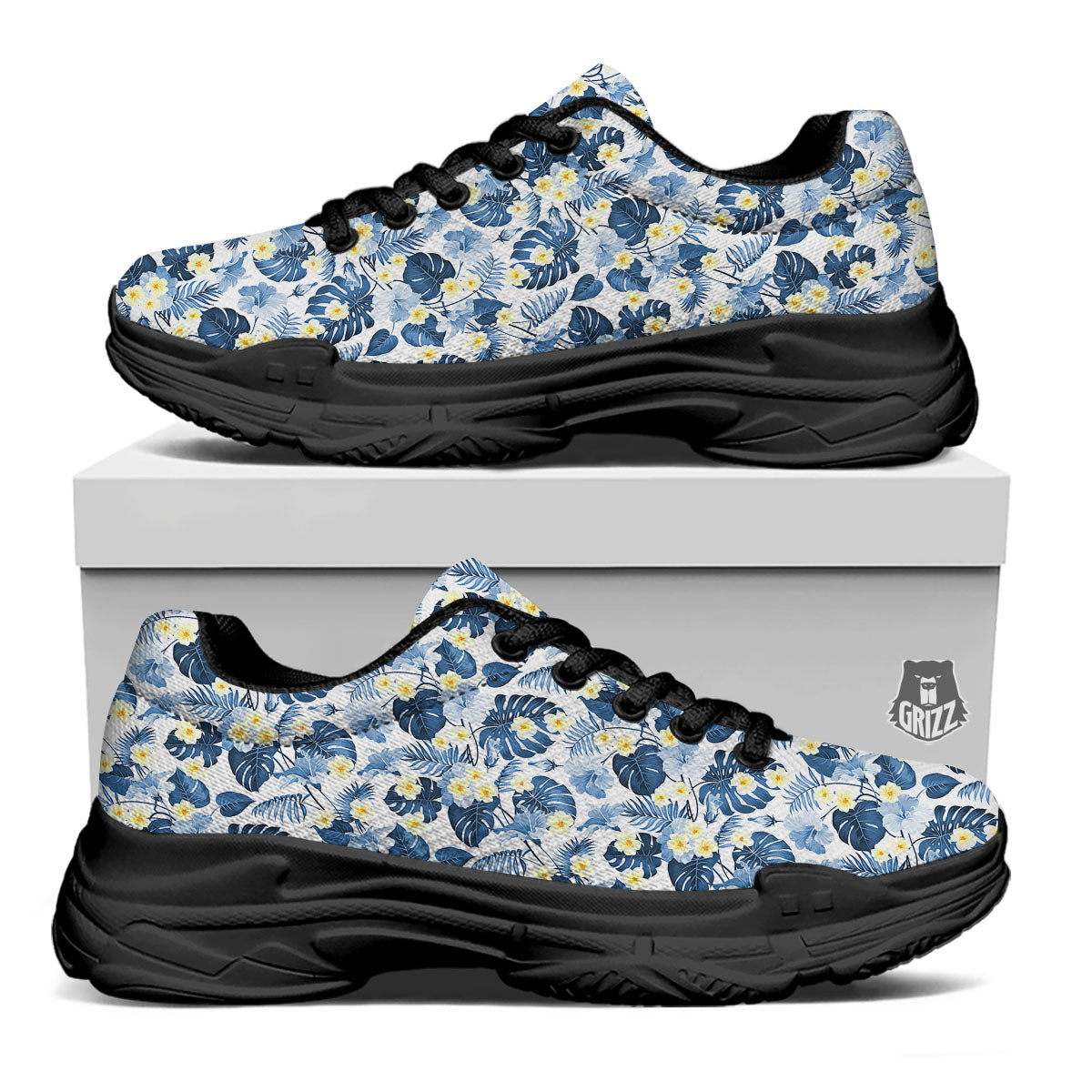 Wildflowers Blue Hawaiian Print Pattern Black Chunky Shoes-grizzshop