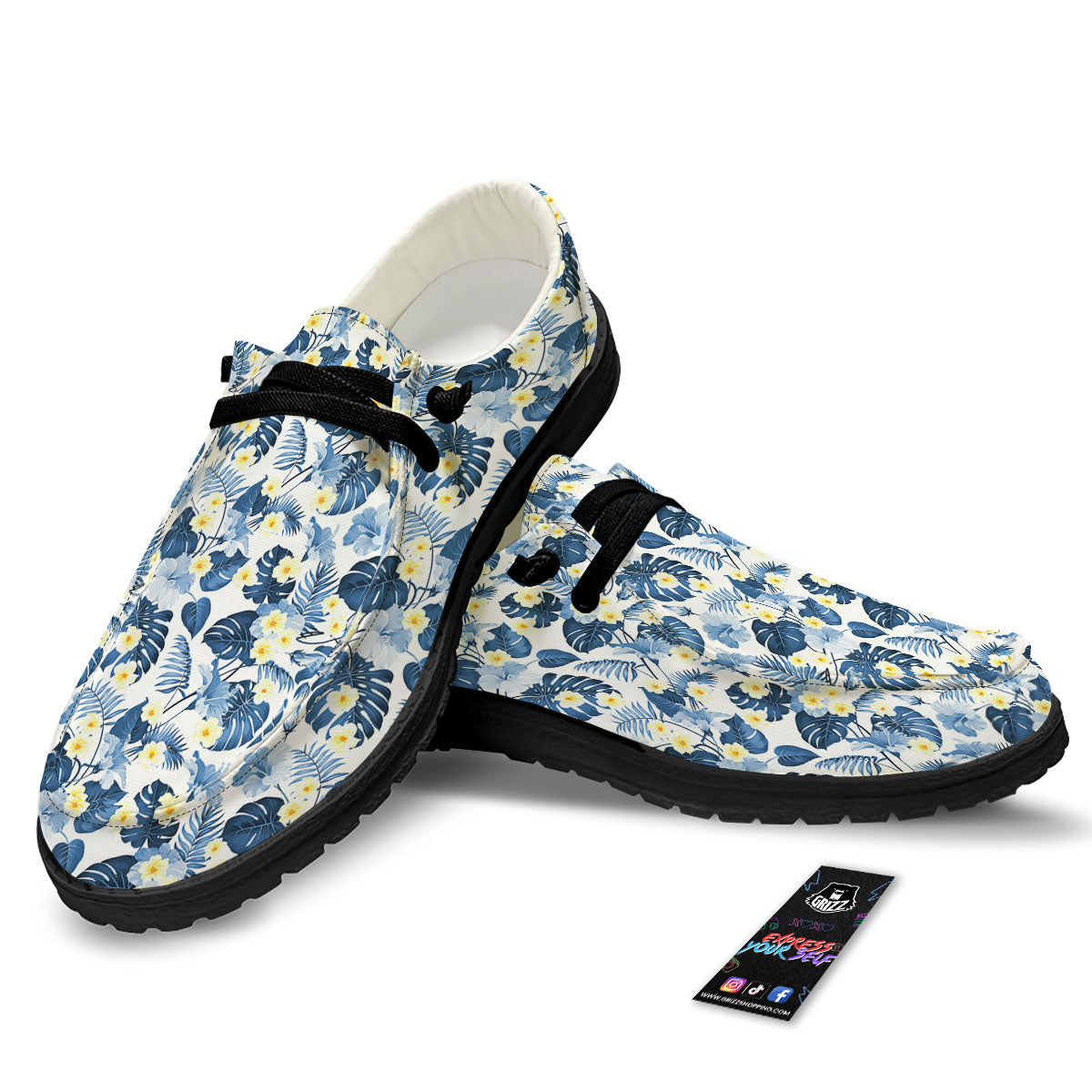Wildflowers Blue Hawaiian Print Pattern Black Loafers-grizzshop