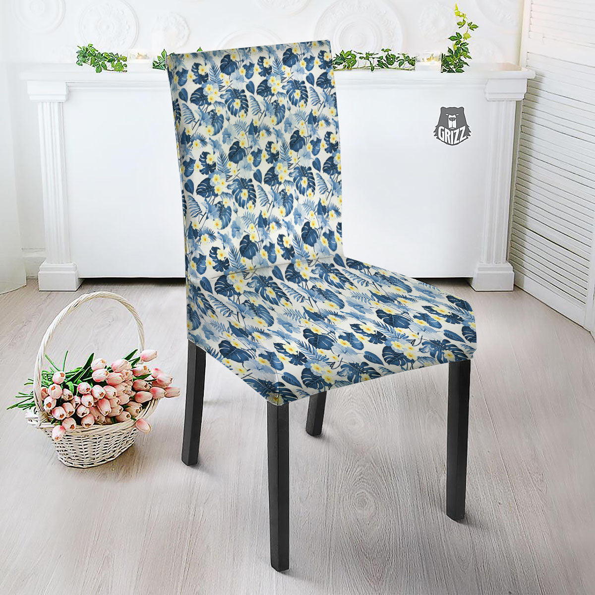 Wildflowers Blue Hawaiian Print Pattern Dining Chair Slipcover-grizzshop