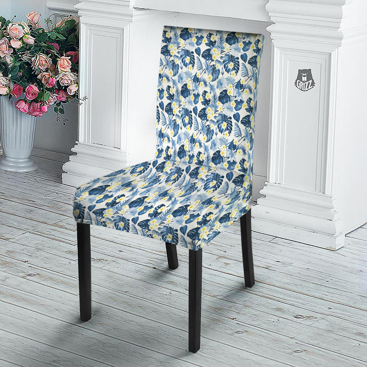 Wildflowers Blue Hawaiian Print Pattern Dining Chair Slipcover-grizzshop