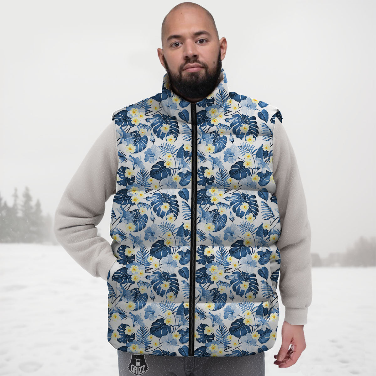 Wildflowers Blue Hawaiian Print Pattern Down Vest-grizzshop
