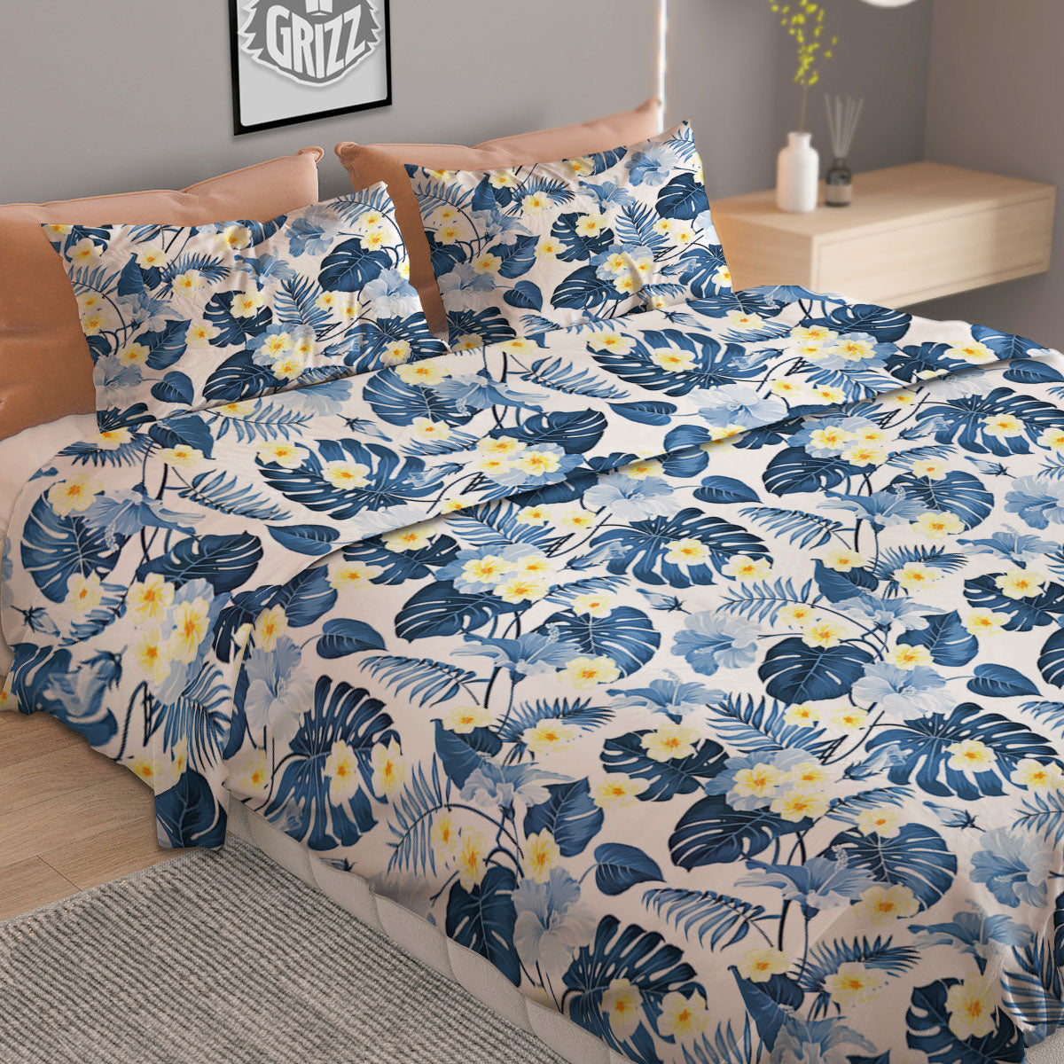 Wildflowers Blue Hawaiian Print Pattern Duvet Cover Bedding Set