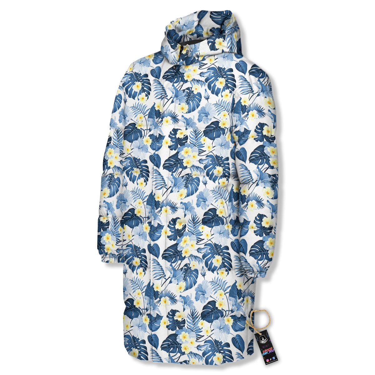 Wildflowers Blue Hawaiian Print Pattern Long Down Jacket-grizzshop