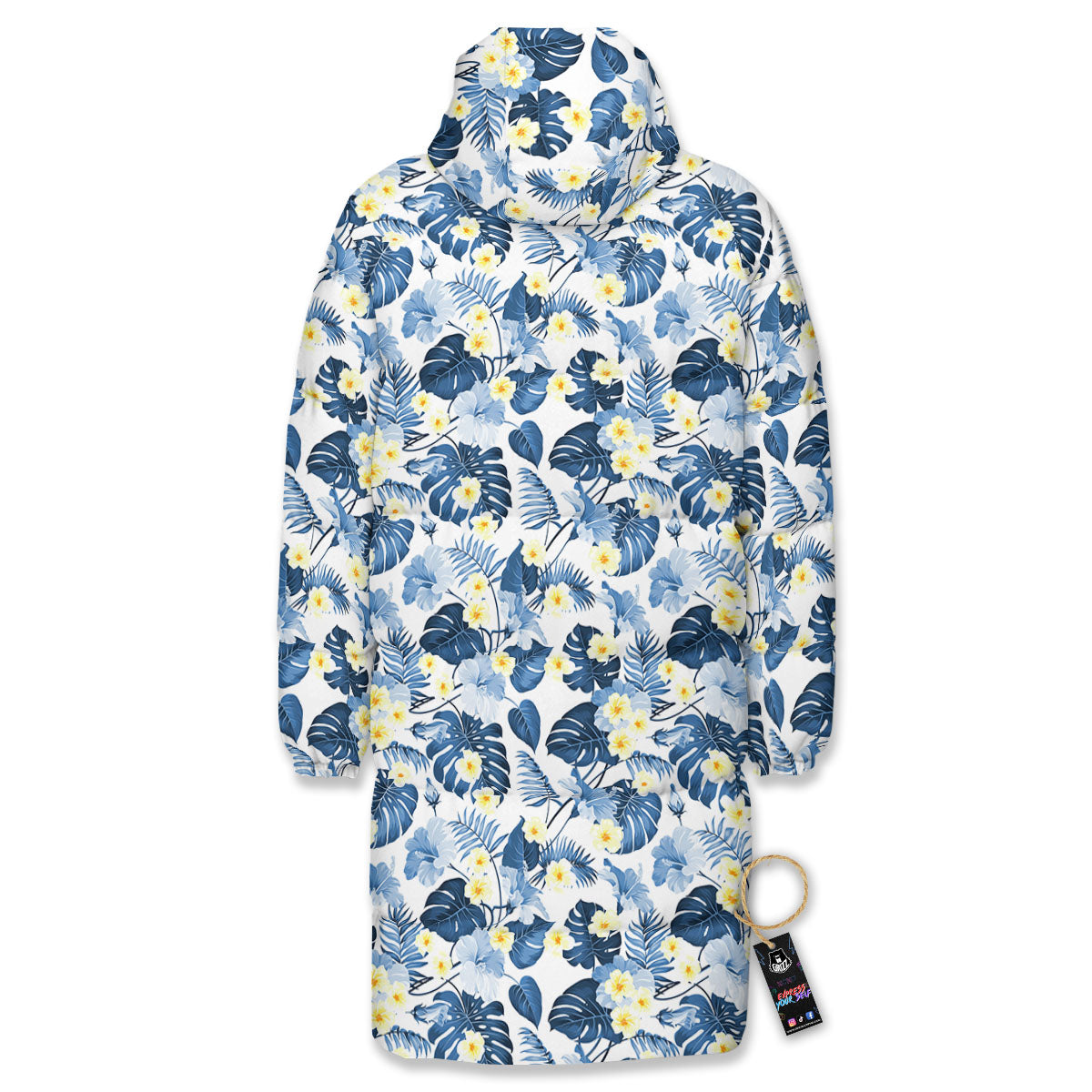 Wildflowers Blue Hawaiian Print Pattern Long Down Jacket-grizzshop