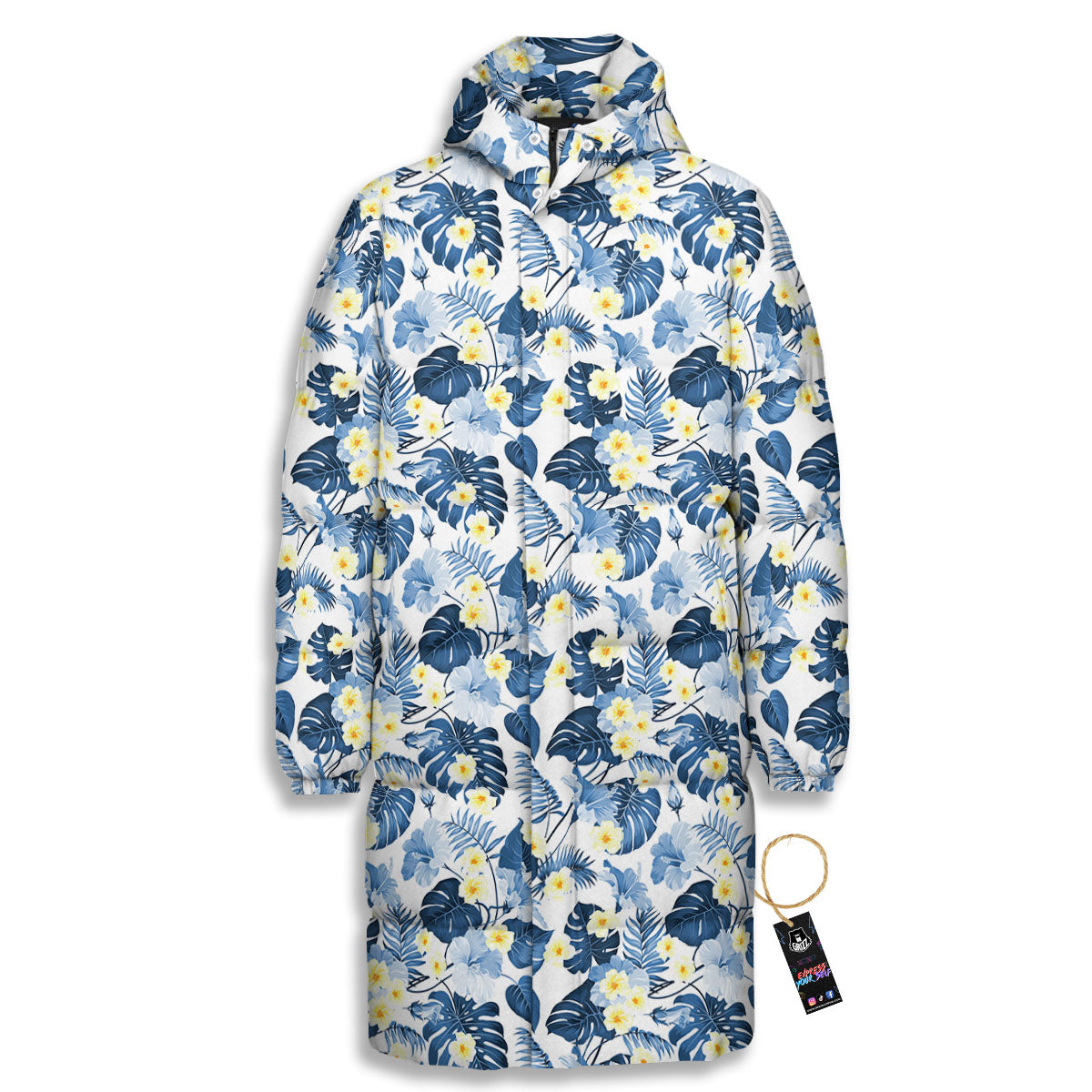 Wildflowers Blue Hawaiian Print Pattern Long Down Jacket-grizzshop