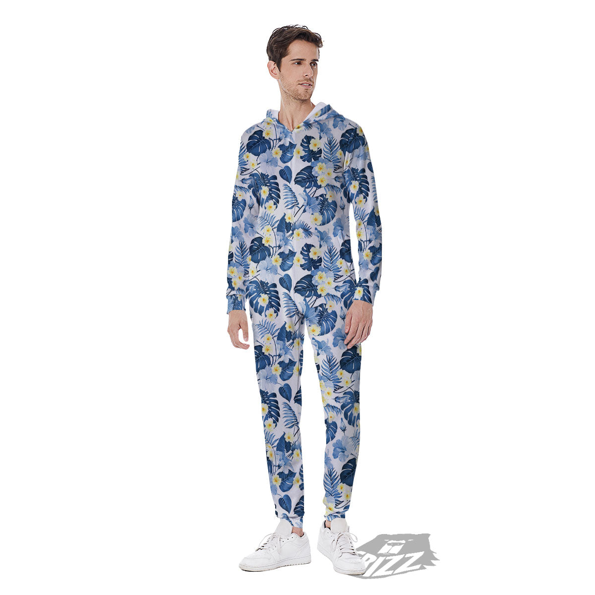 Wildflowers Blue Hawaiian Print Pattern Men's Jumpsuit-grizzshop