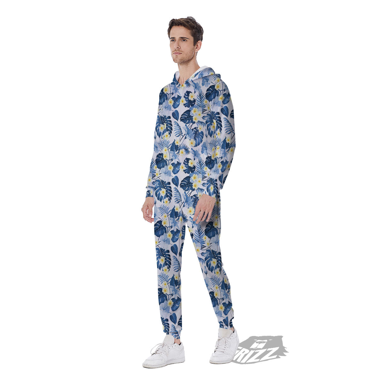 Wildflowers Blue Hawaiian Print Pattern Men's Jumpsuit-grizzshop
