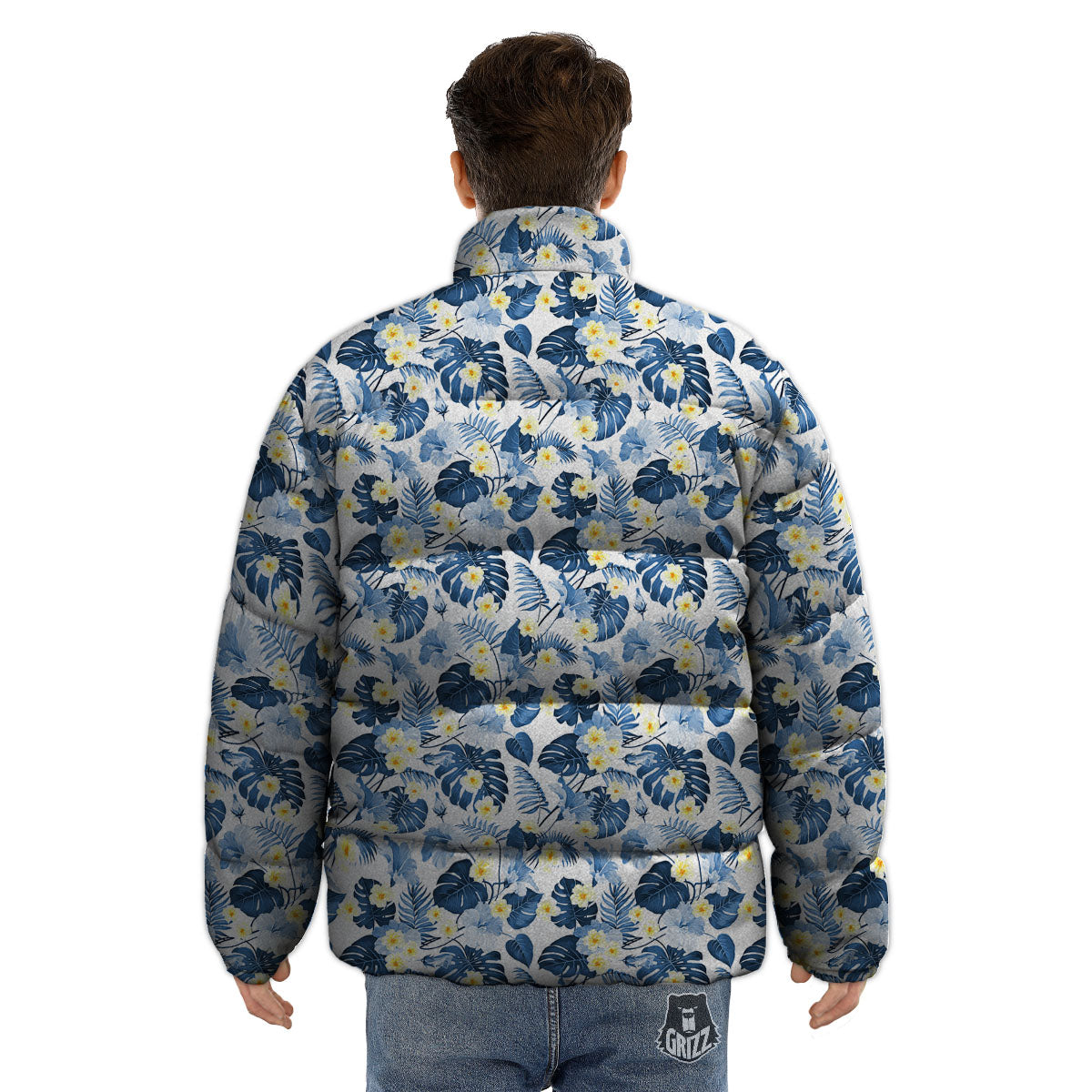 Wildflowers Blue Hawaiian Print Pattern Puffer Jacket-grizzshop