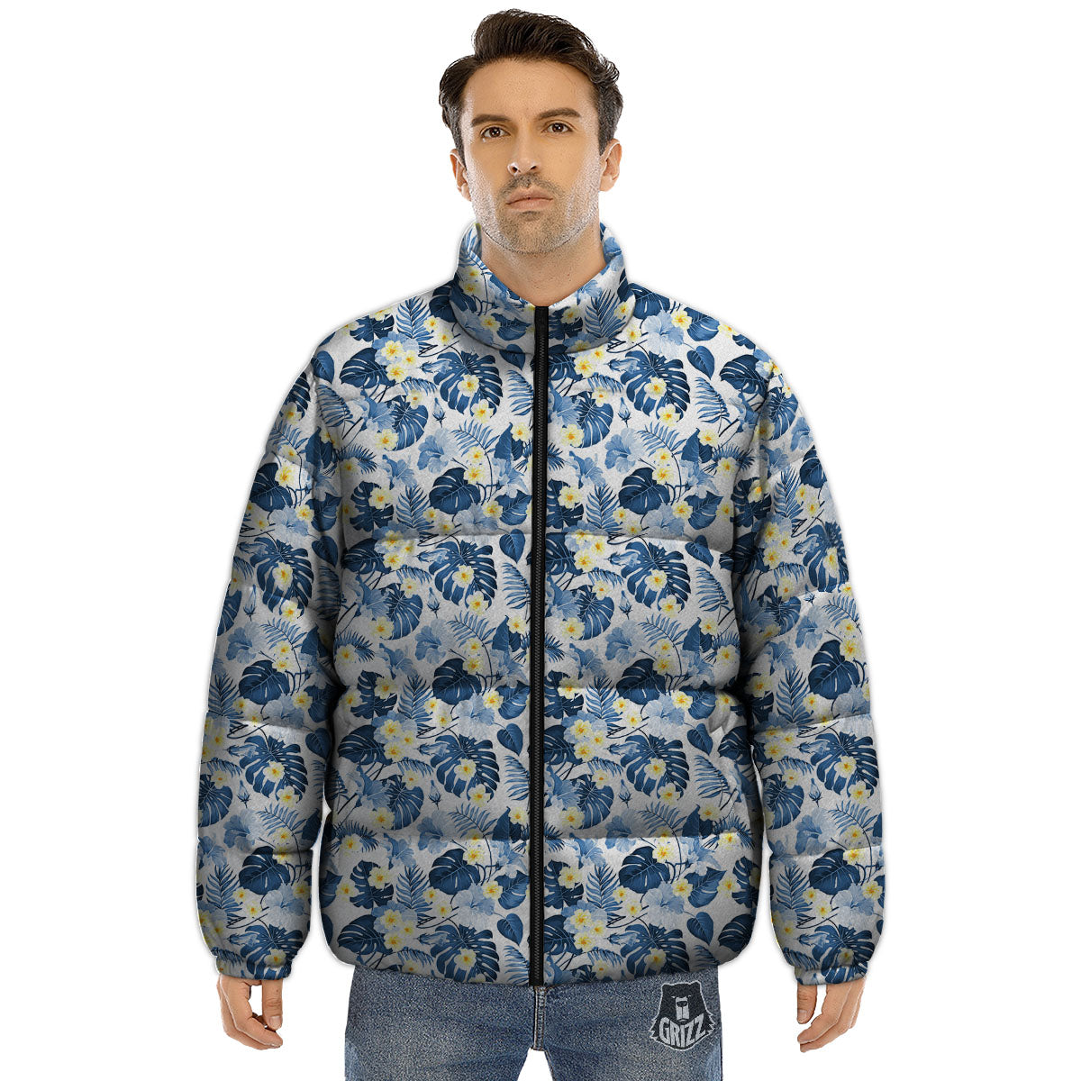 Wildflowers Blue Hawaiian Print Pattern Puffer Jacket-grizzshop