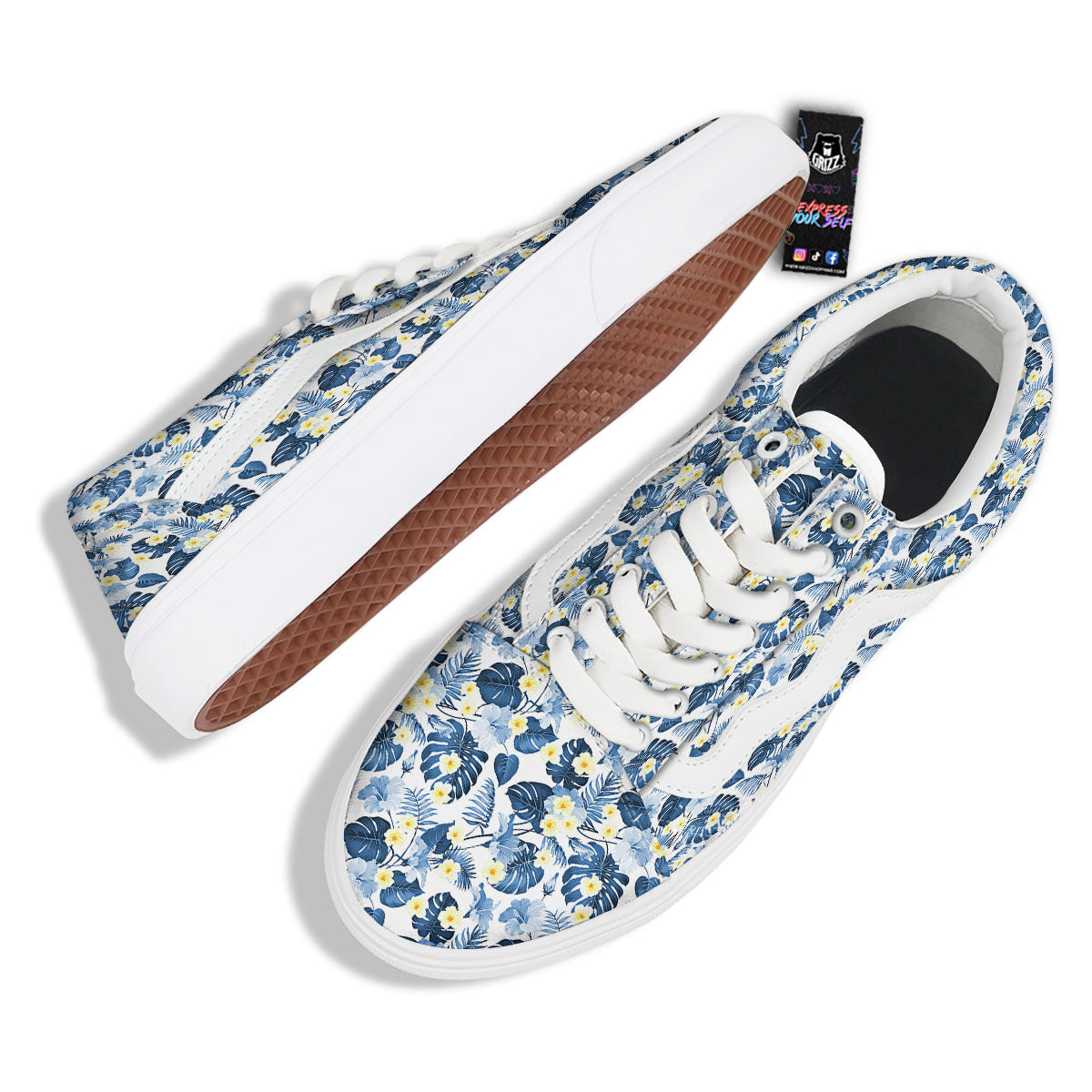 Wildflowers Blue Hawaiian Print Pattern Skate Shoes-grizzshop