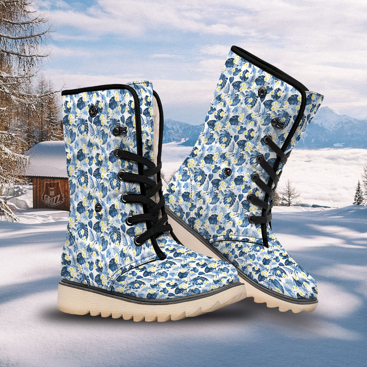Wildflowers Blue Hawaiian Print Pattern Snow Boots-grizzshop