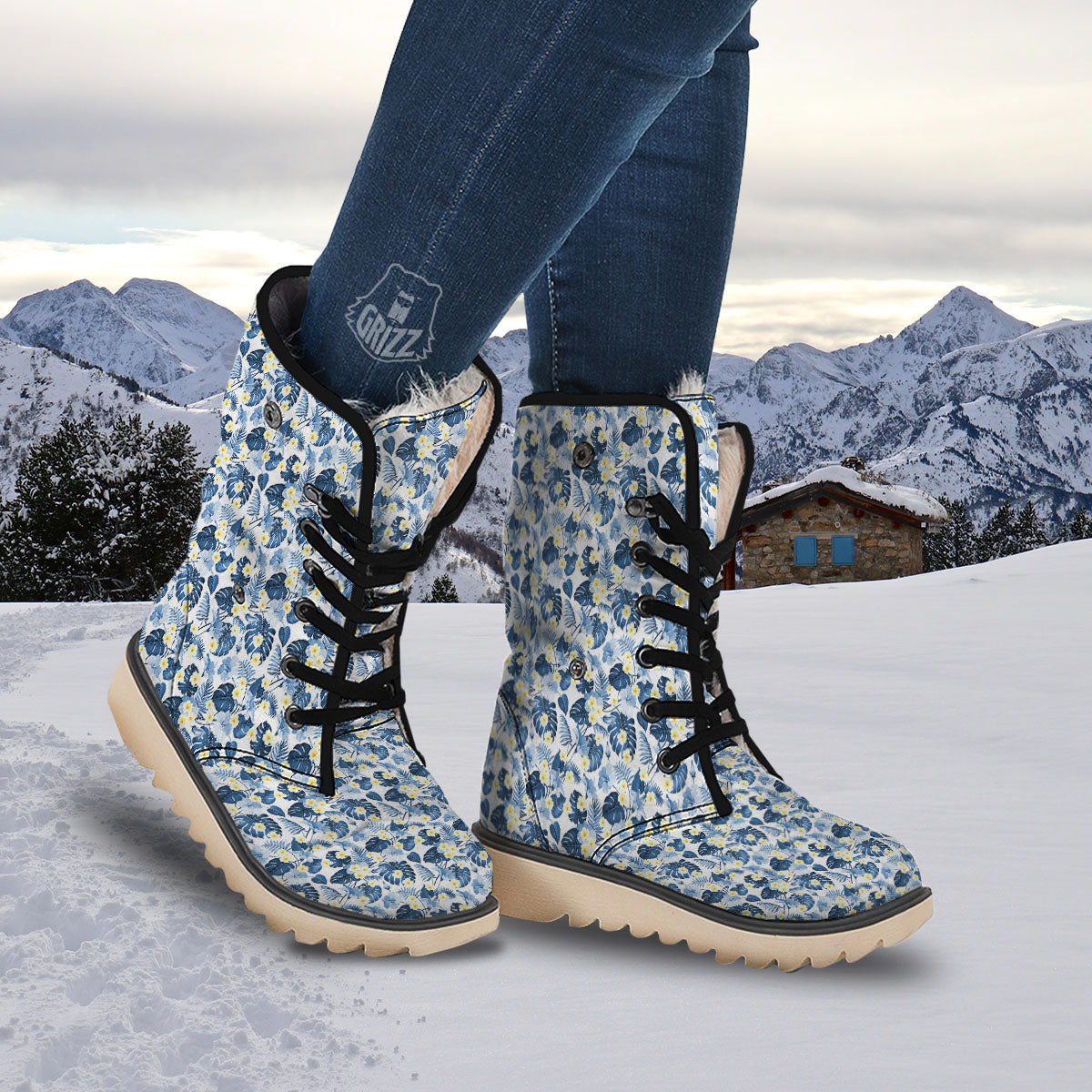 Wildflowers Blue Hawaiian Print Pattern Snow Boots-grizzshop