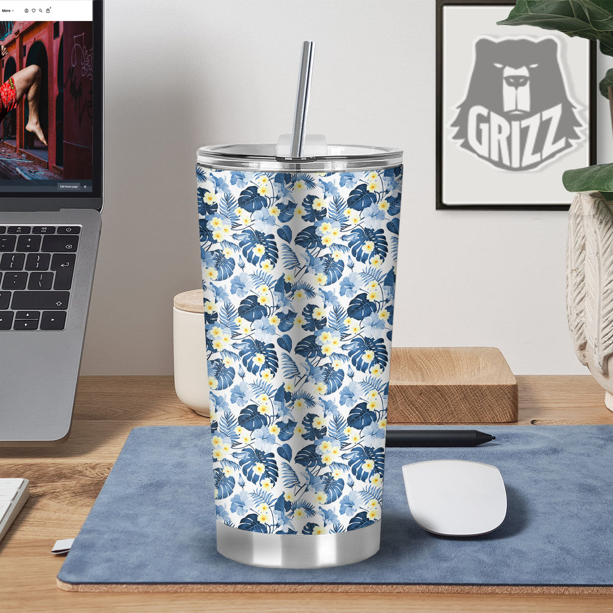 Wildflowers Blue Hawaiian Print Pattern Tumbler-grizzshop