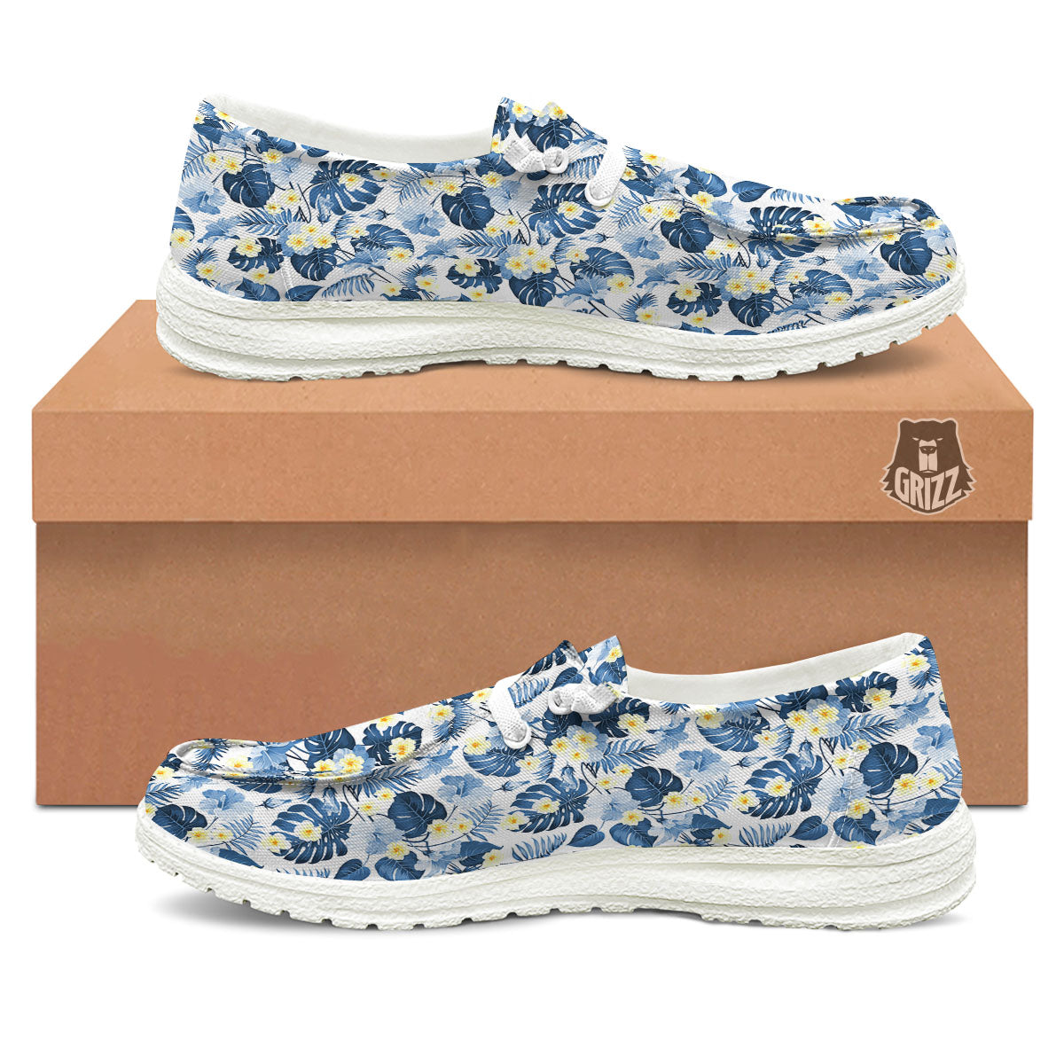Wildflowers Blue Hawaiian Print Pattern White Loafers-grizzshop