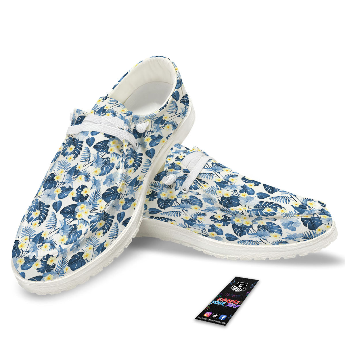 Wildflowers Blue Hawaiian Print Pattern White Loafers-grizzshop