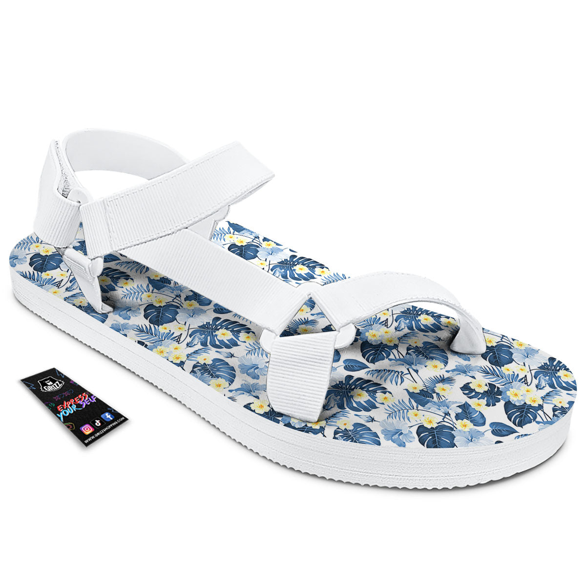 Wildflowers Blue Hawaiian Print Pattern White Open Toe Sandals-grizzshop