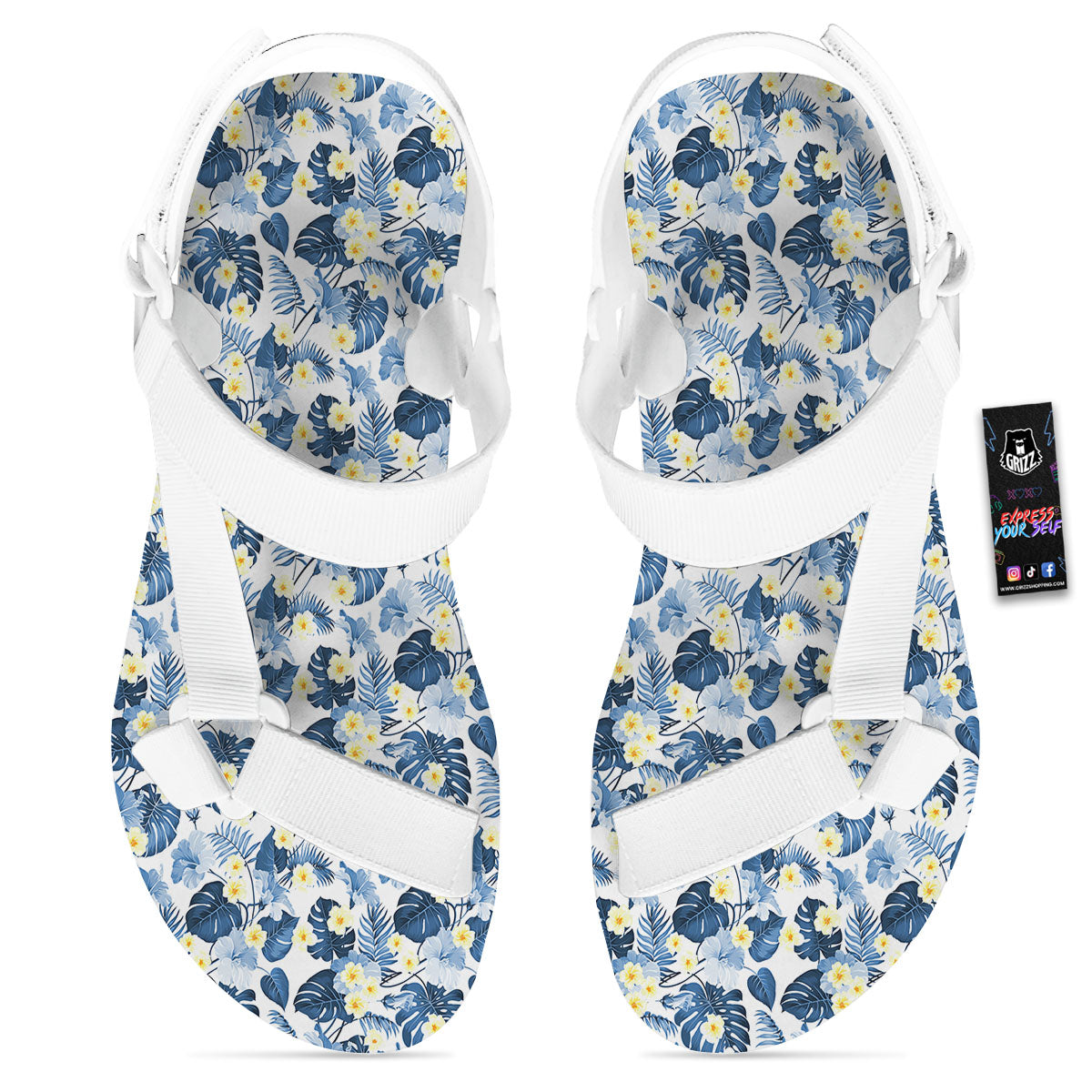 Wildflowers Blue Hawaiian Print Pattern White Open Toe Sandals-grizzshop