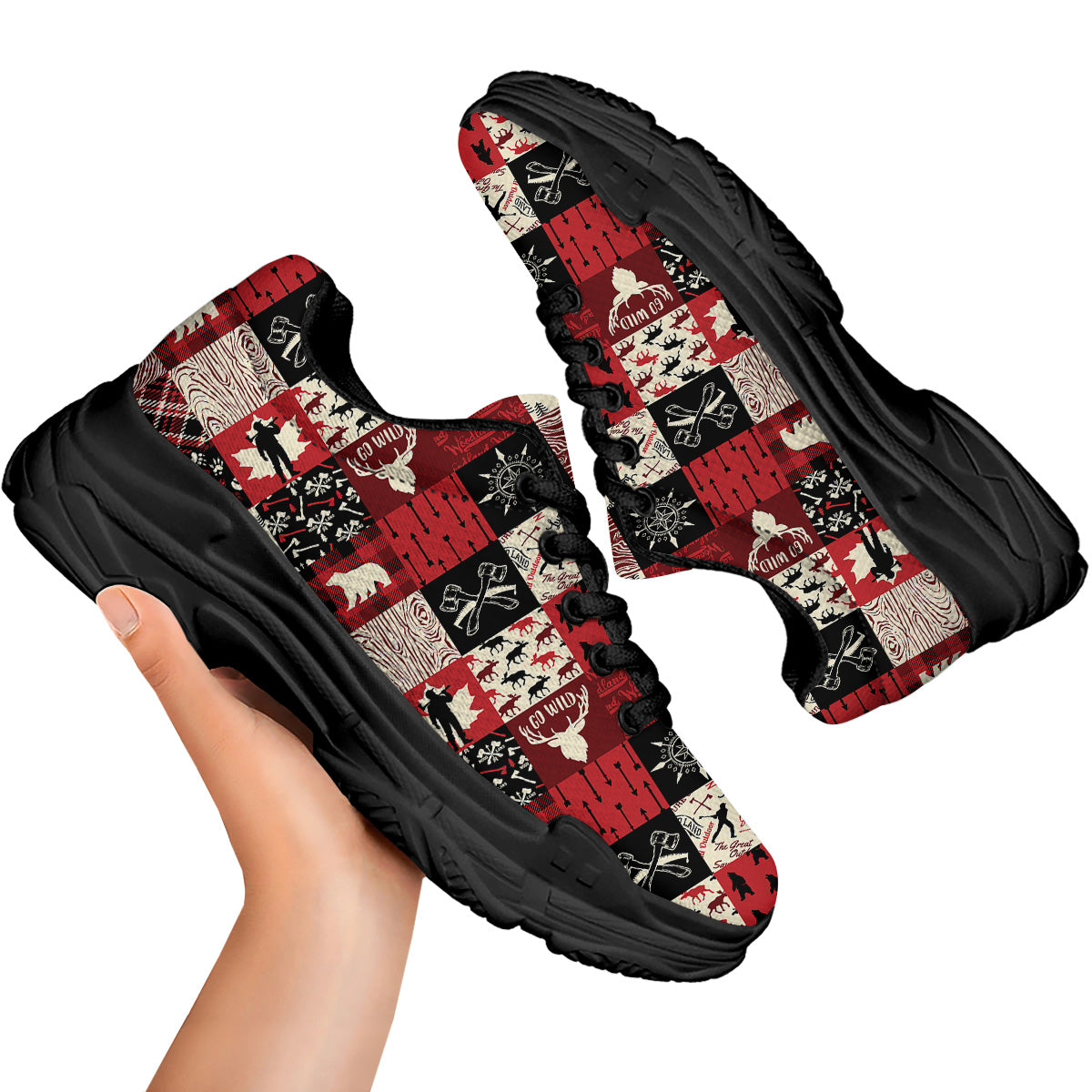 Wildlife Red Plaid Print Pattern Black Chunky Shoes-grizzshop