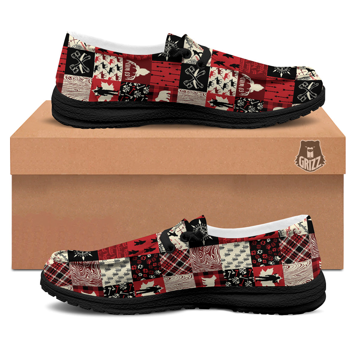 Wildlife Red Plaid Print Pattern Black Loafers-grizzshop