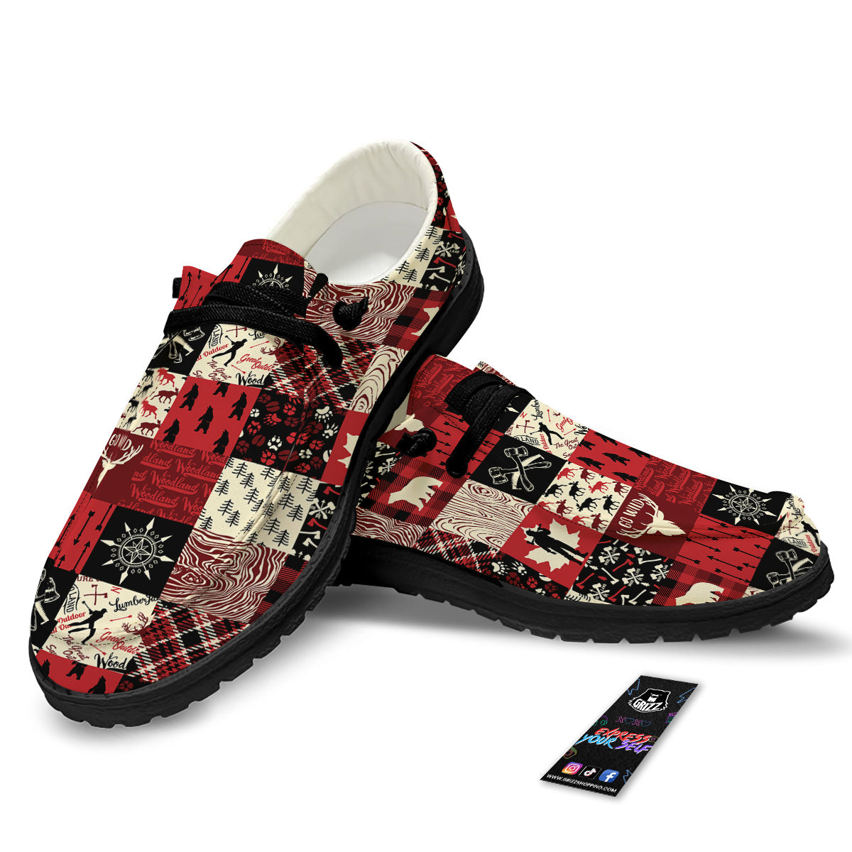 Wildlife Red Plaid Print Pattern Black Loafers-grizzshop
