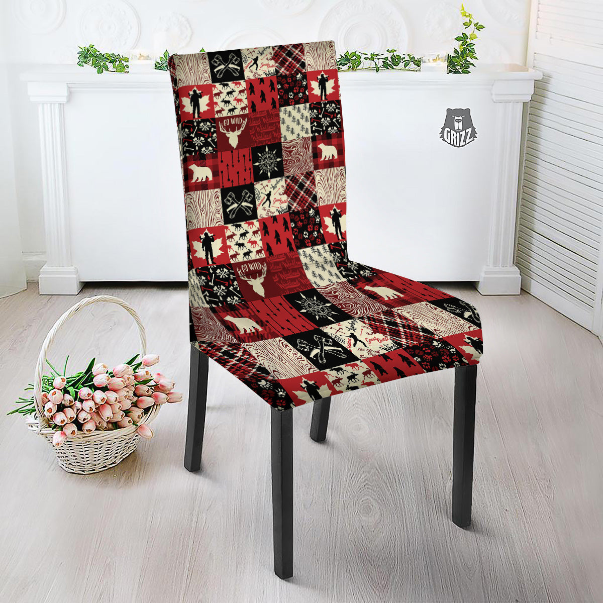 Wildlife Red Plaid Print Pattern Dining Chair Slipcover-grizzshop
