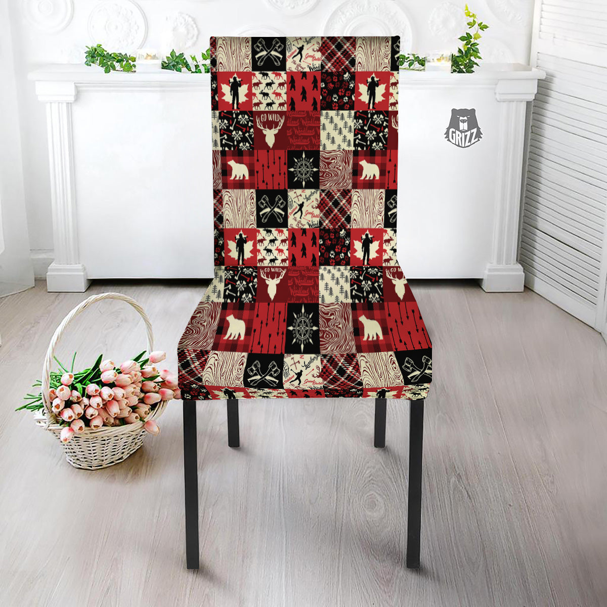 Wildlife Red Plaid Print Pattern Dining Chair Slipcover-grizzshop