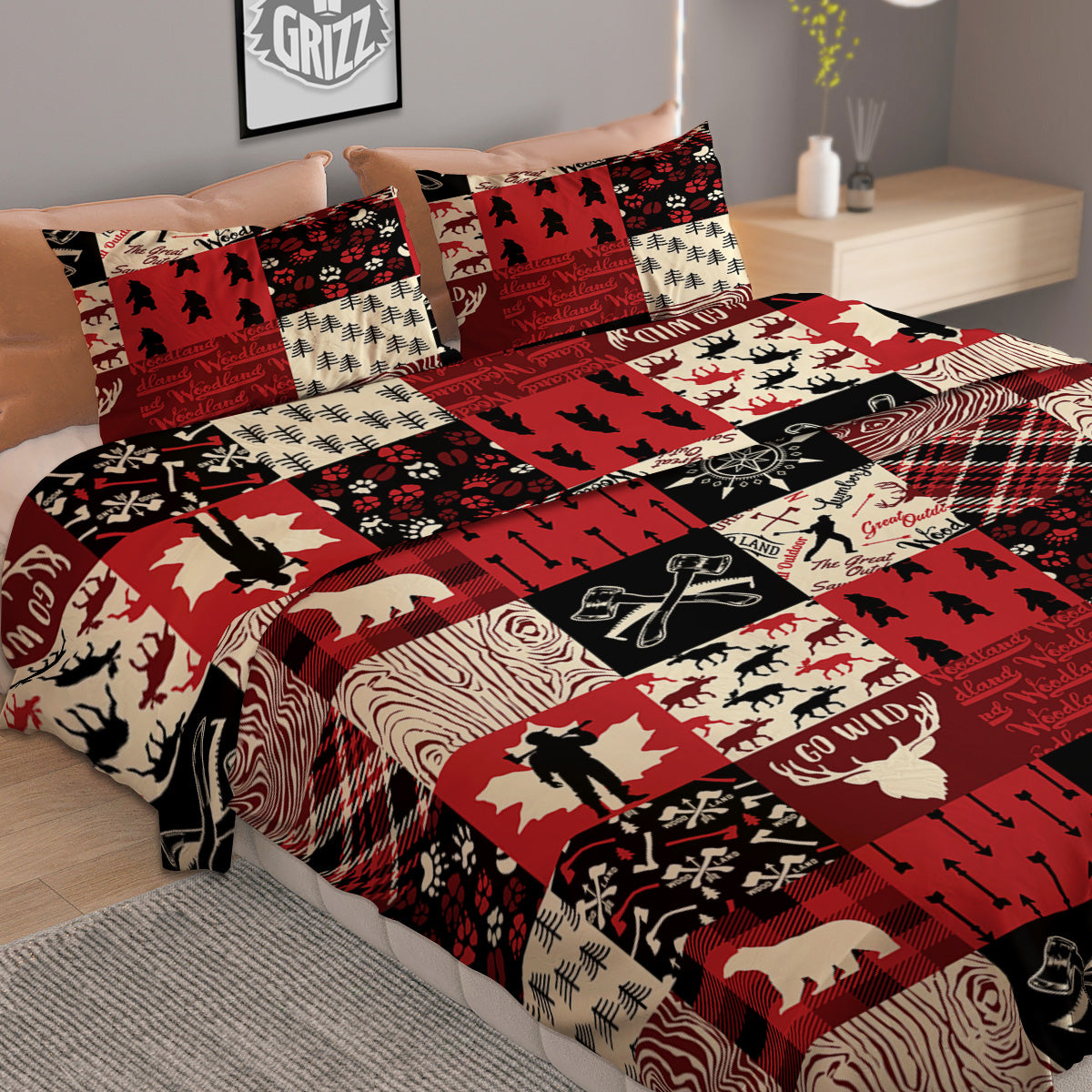 Wildlife Red Plaid Print Pattern Duvet Cover Bedding Set