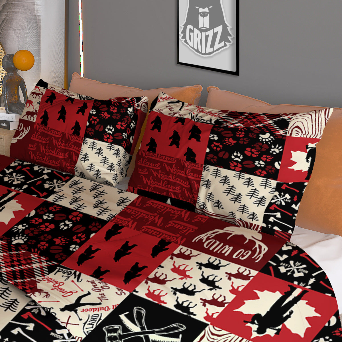 Wildlife Red Plaid Print Pattern Duvet Cover Bedding Set